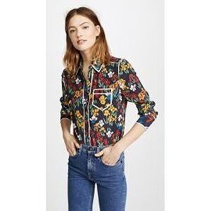 Tory Burch Jackie Floral Dot Silk Blouse Womens 4 Blue Western Cowgirl Polka Dot